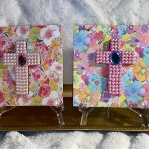 Pair of Pink Pearl-Embellished Cross decor with Gem Centers